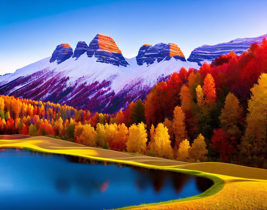 Colorful Autumn Landscape with Blue Lake, Snow-Capped Mountains