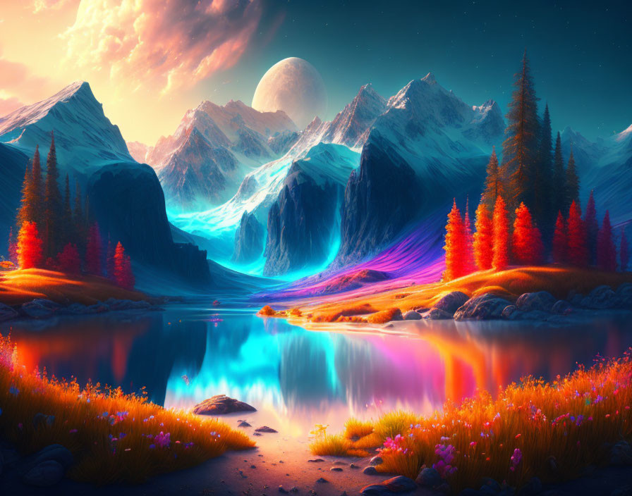 Surreal landscape with luminescent river, glowing flora, snow-capped mountains, large moon