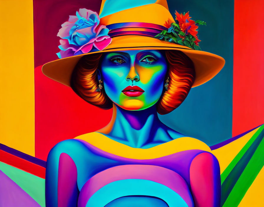 Colorful portrait of a woman with blue skin and floral hat.