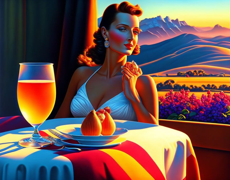 Woman dining outdoors against mountain backdrop with food and drink, vibrant colors, sunset lighting