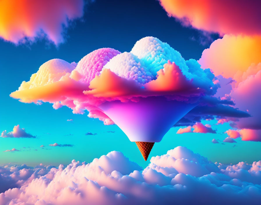 Whimsical ice cream cone cloud in pink and blue sky