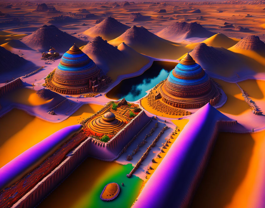 Futuristic desert city with domed structures and central oasis under orange sky