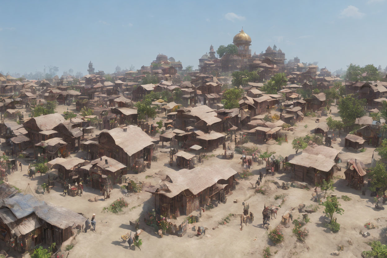 Ancient town with rustic buildings and golden dome under clear sky