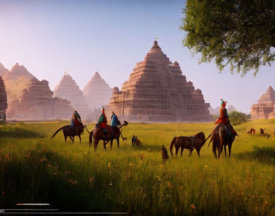 Equestrians in traditional attire ride in grassy field by ancient temples