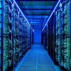 Neon-lit server room with futuristic blue glow