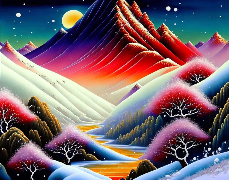 Colorful Snowy Landscape with River and Red Mountain Peaks