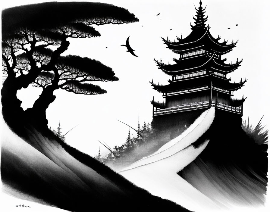 Monochrome ink painting of Asian pagoda, pine trees, path, and birds