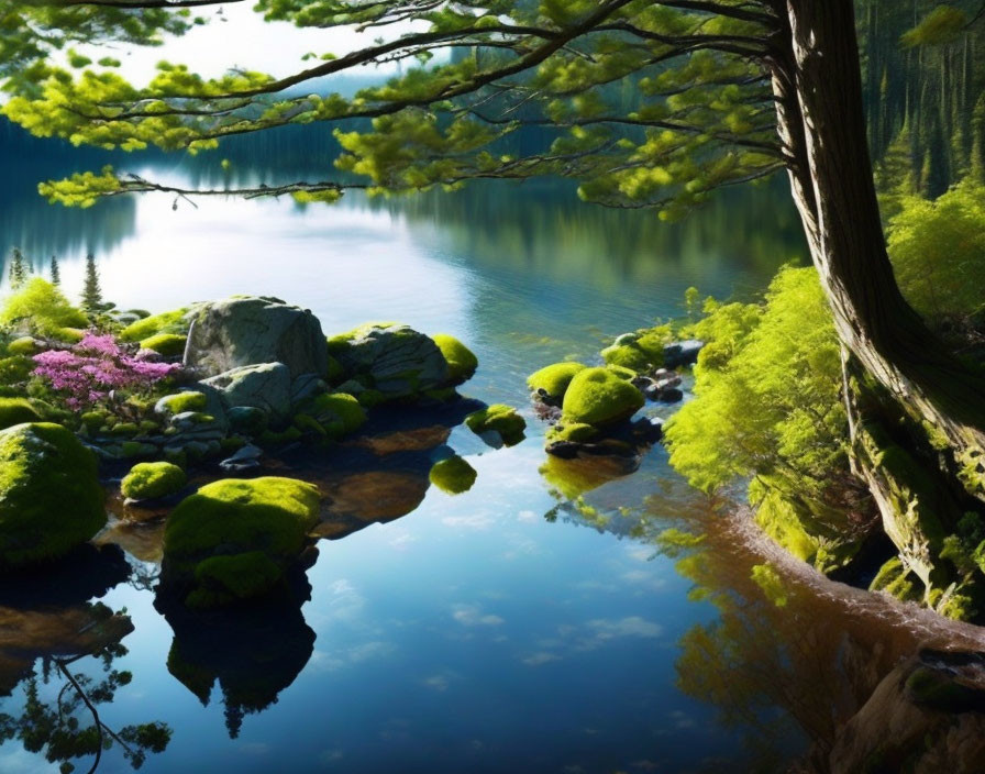 Tranquil Lake Scene with Reflecting Trees and Moss-Covered Rocks