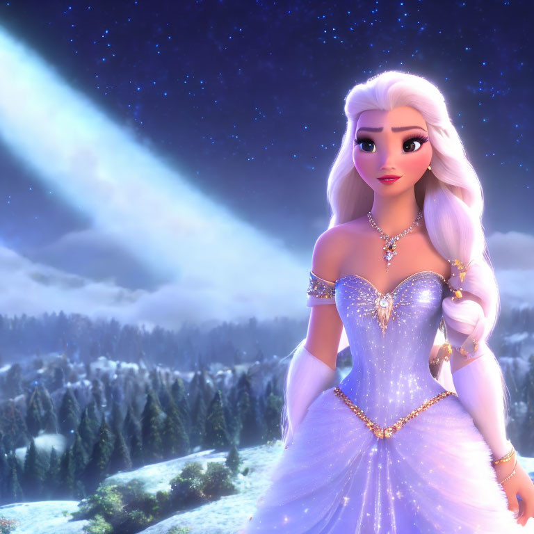 White-haired animated princess in snowy landscape under starry sky with bright comet