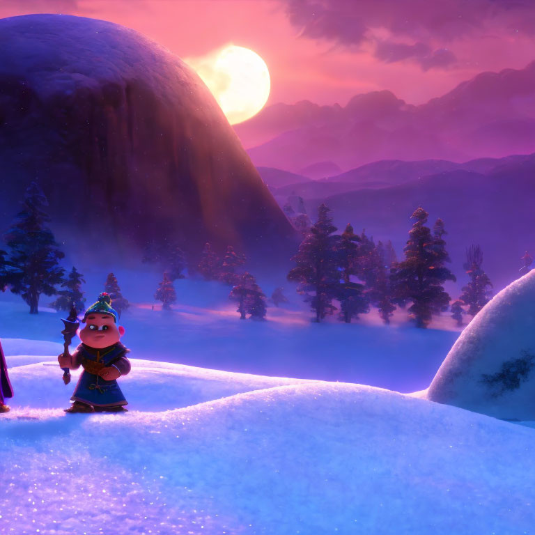 Animated character in snow-covered landscape at twilight with full moon and purple skies