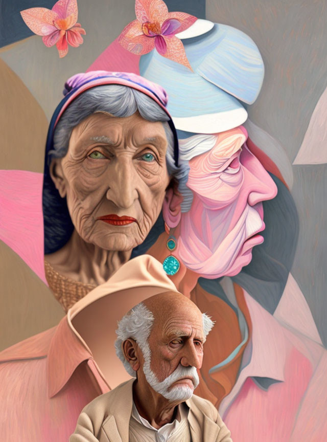 Elderly surreal portrait with distorted features and pastel colors