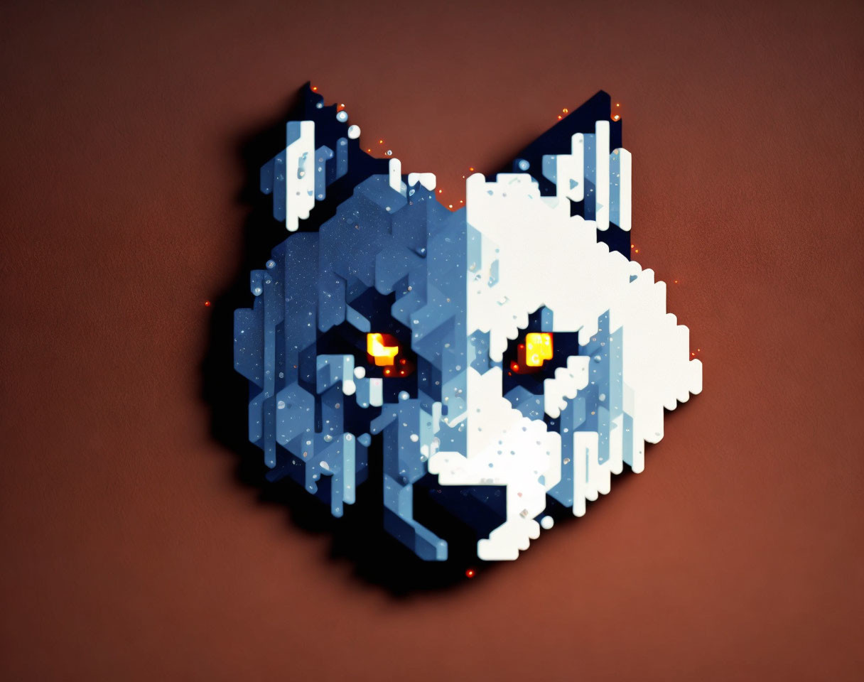 Stylized pixelated wolf head with dual-tone colors and glowing eyes