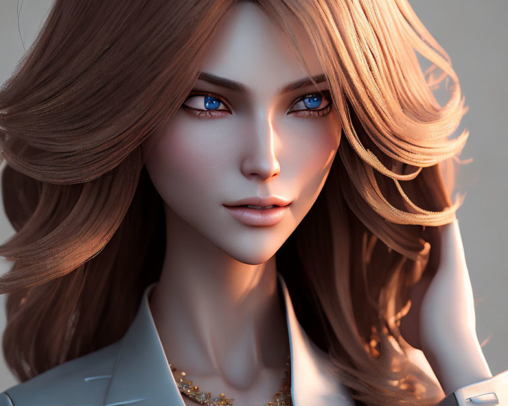 Digital 3D illustration of woman with auburn hair and blue eyes in grey blazer and