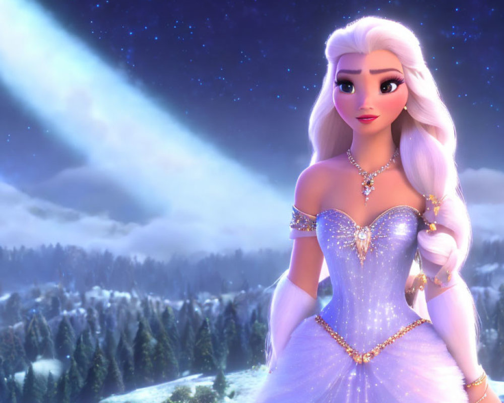 White-haired animated princess in snowy landscape under starry sky with bright comet