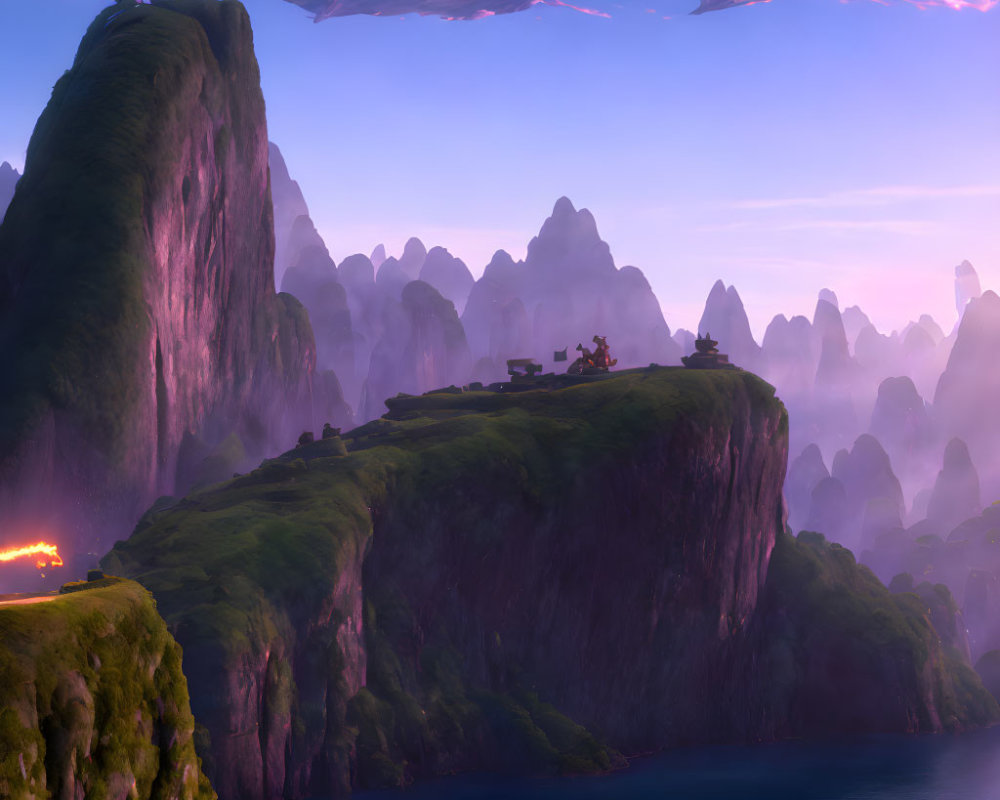 Lush Green Cliffs, Purple Skies, and Floating Islands in a Fantasy Landscape