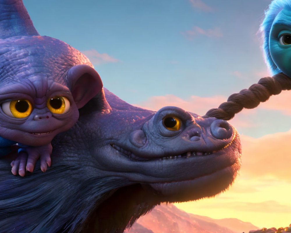 Two creatures with big eyes and horns, one blue and one purple, holding braided hair against a