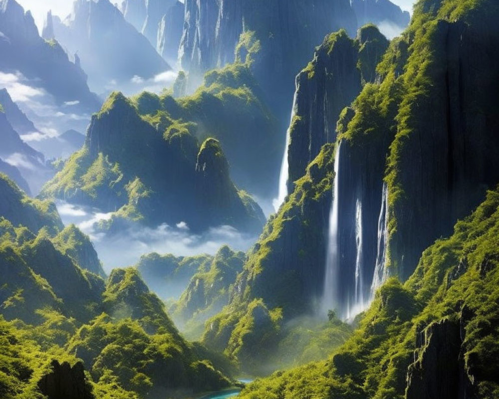 Majestic waterfalls and cliffs in lush green valley