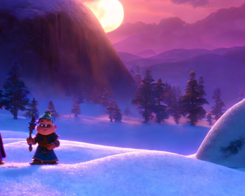 Animated character in snow-covered landscape at twilight with full moon and purple skies