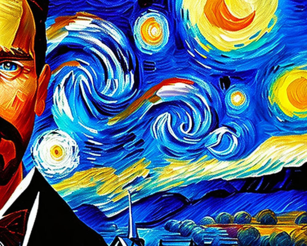 Man in suit with "Starry Night" painting background - swirling stars, night sky