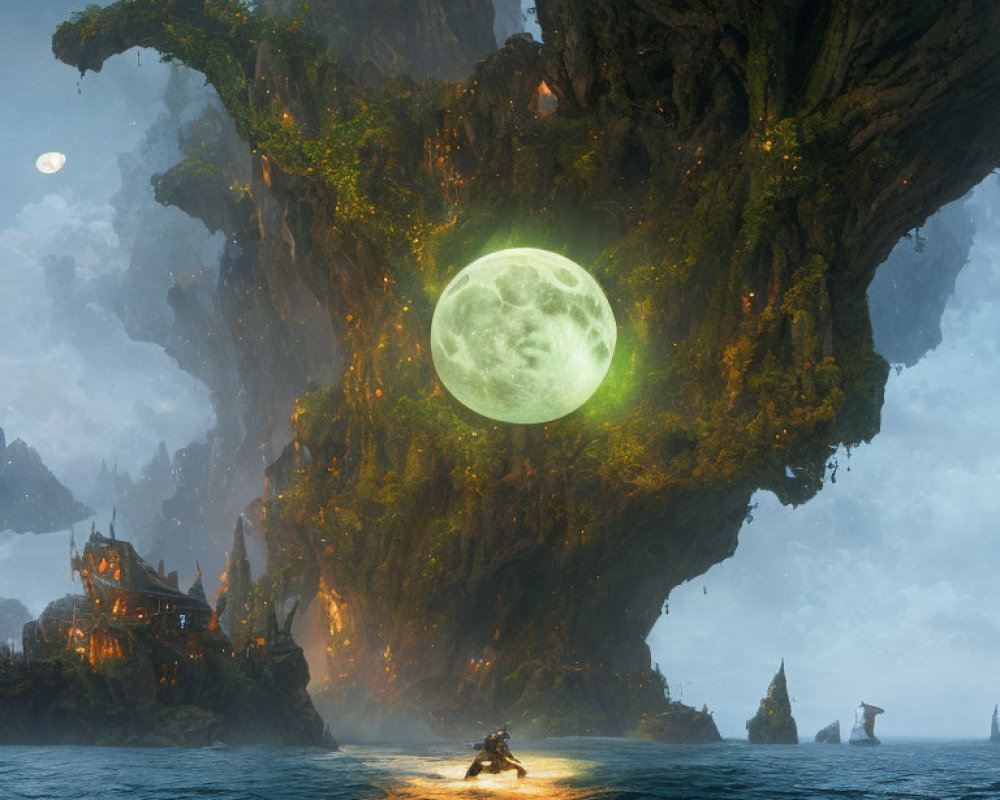 Mystical seascape with towering rock formation, cliffside houses, full moon, and solitary boat