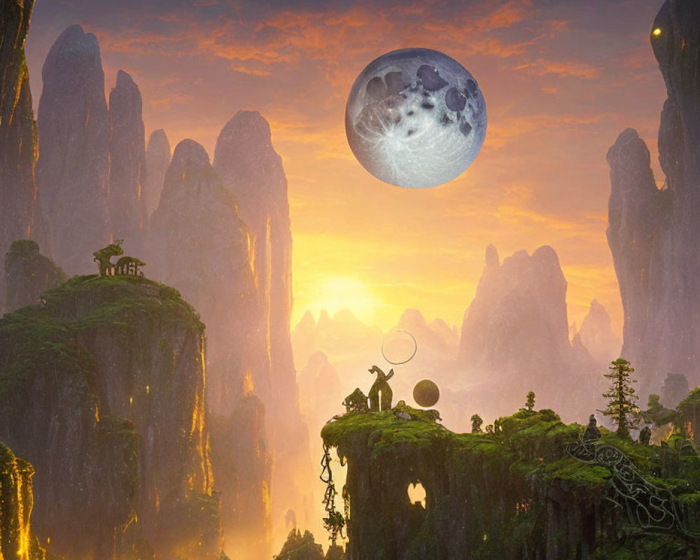 Fantasy landscape with towering rock pillars, large moon, person with staff, lush foliage in golden sunset