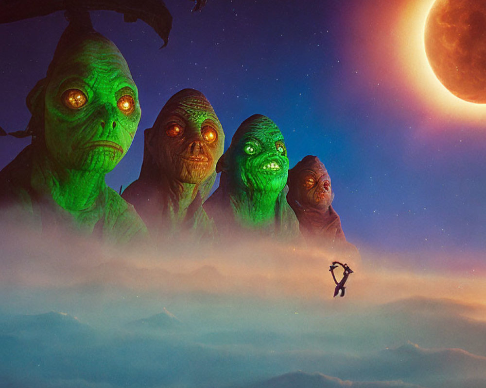 Four green alien heads above clouds at night with full moon, person silhouette below