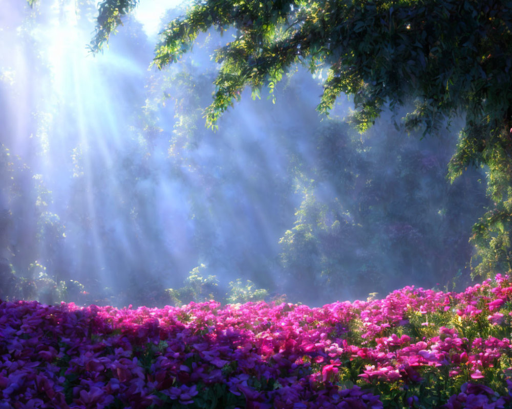 Sunbeams through tree branches on vibrant purple flower field in misty forest