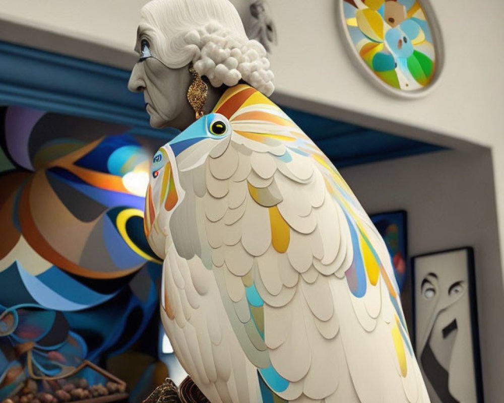 Colorful Parrot Sculpture and Stylized Woman in Modern Art Room