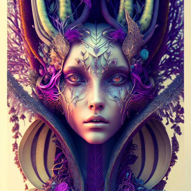 Colorful portrait of figure with horns and intricate facial markings