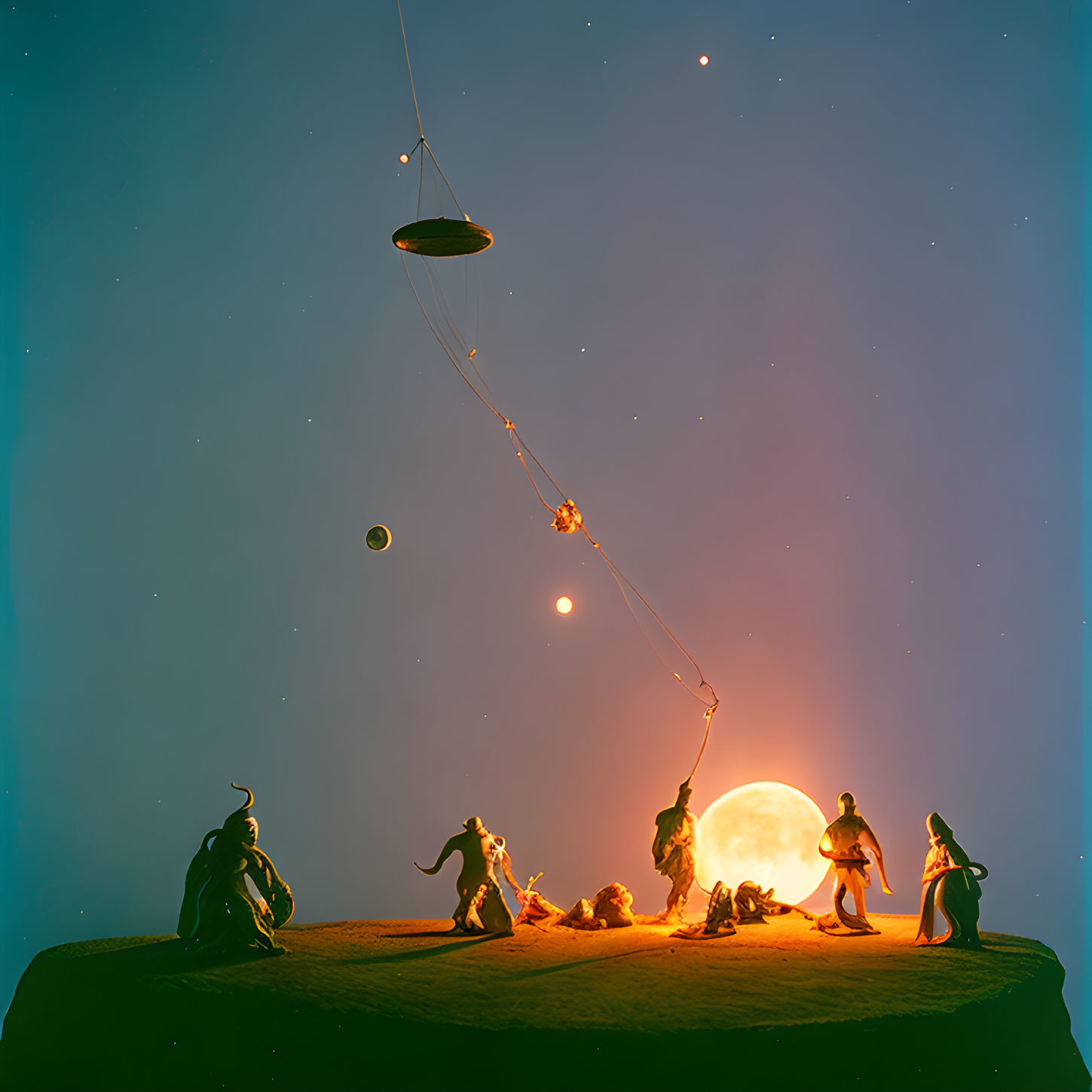 Diorama of Human Figures, Creatures, and UFO with Glowing Orb