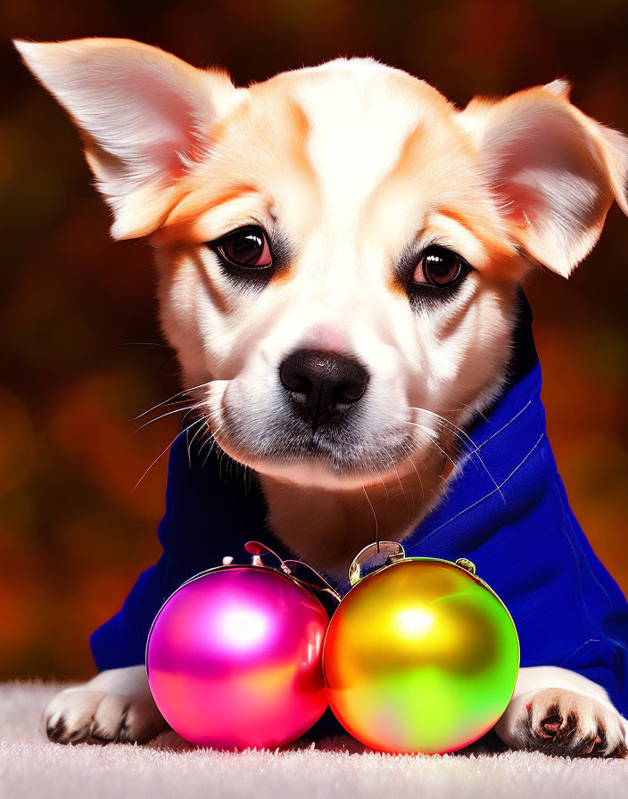 Adorable puppy in blue jacket with baubles in autumn setting