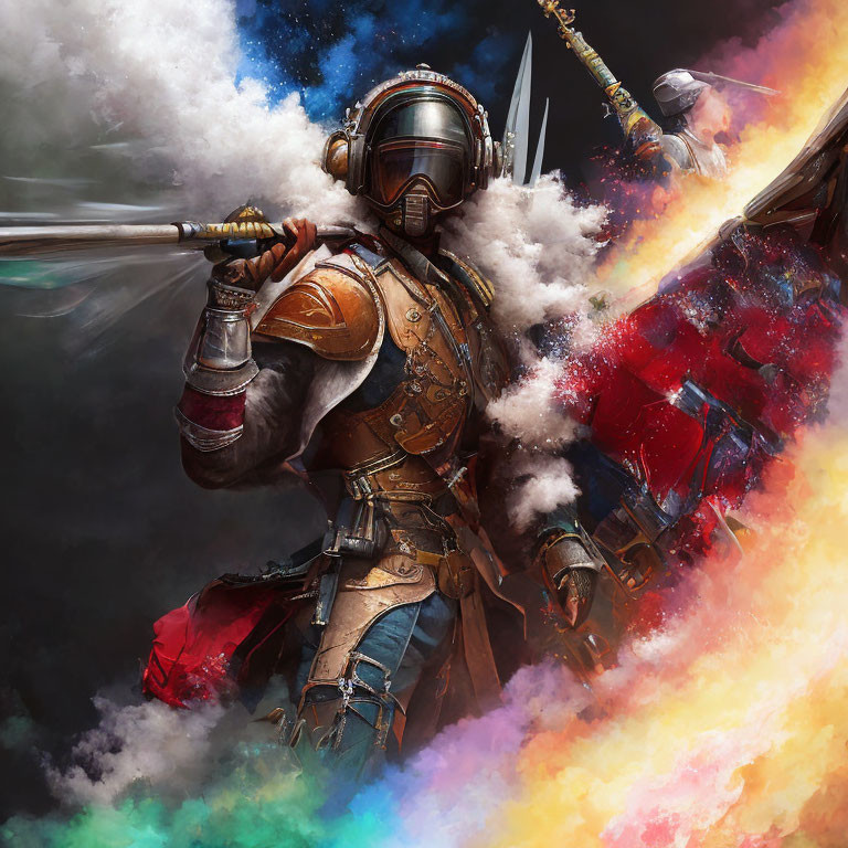 Detailed illustration of a knight in ornate armor holding a spear amidst colorful smoke.