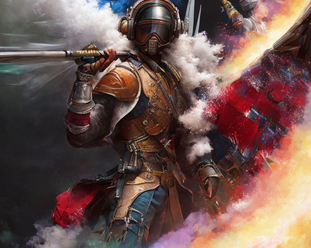 Detailed illustration of a knight in ornate armor holding a spear amidst colorful smoke.