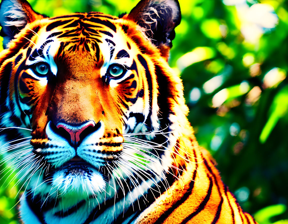 Colorful Tiger with Orange Fur and Black Stripes Against Green Foliage