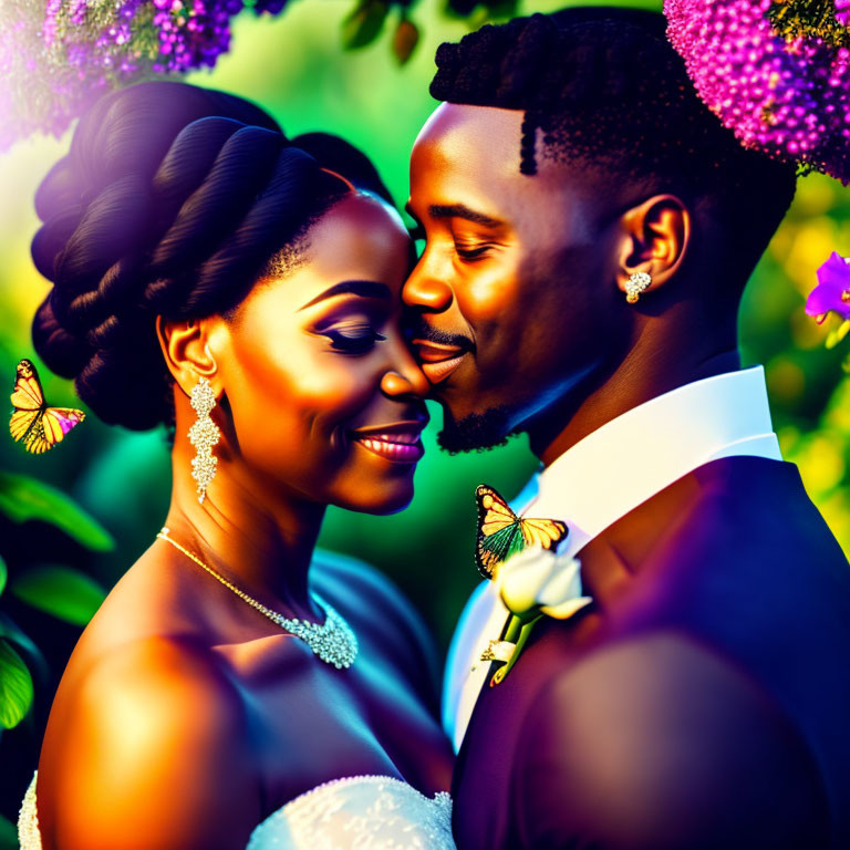 Colorful Wedding Day Illustration with Loving Couple, Flowers, and Butterflies