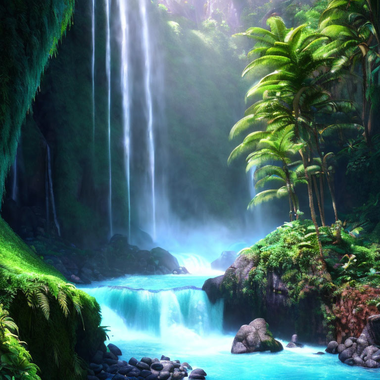 Tranquil waterfall in misty tropical oasis