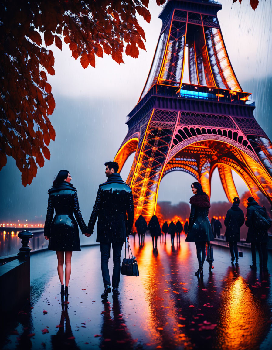 Romantic Couple Holding Hands Eiffel Tower Rainy Evening Scene