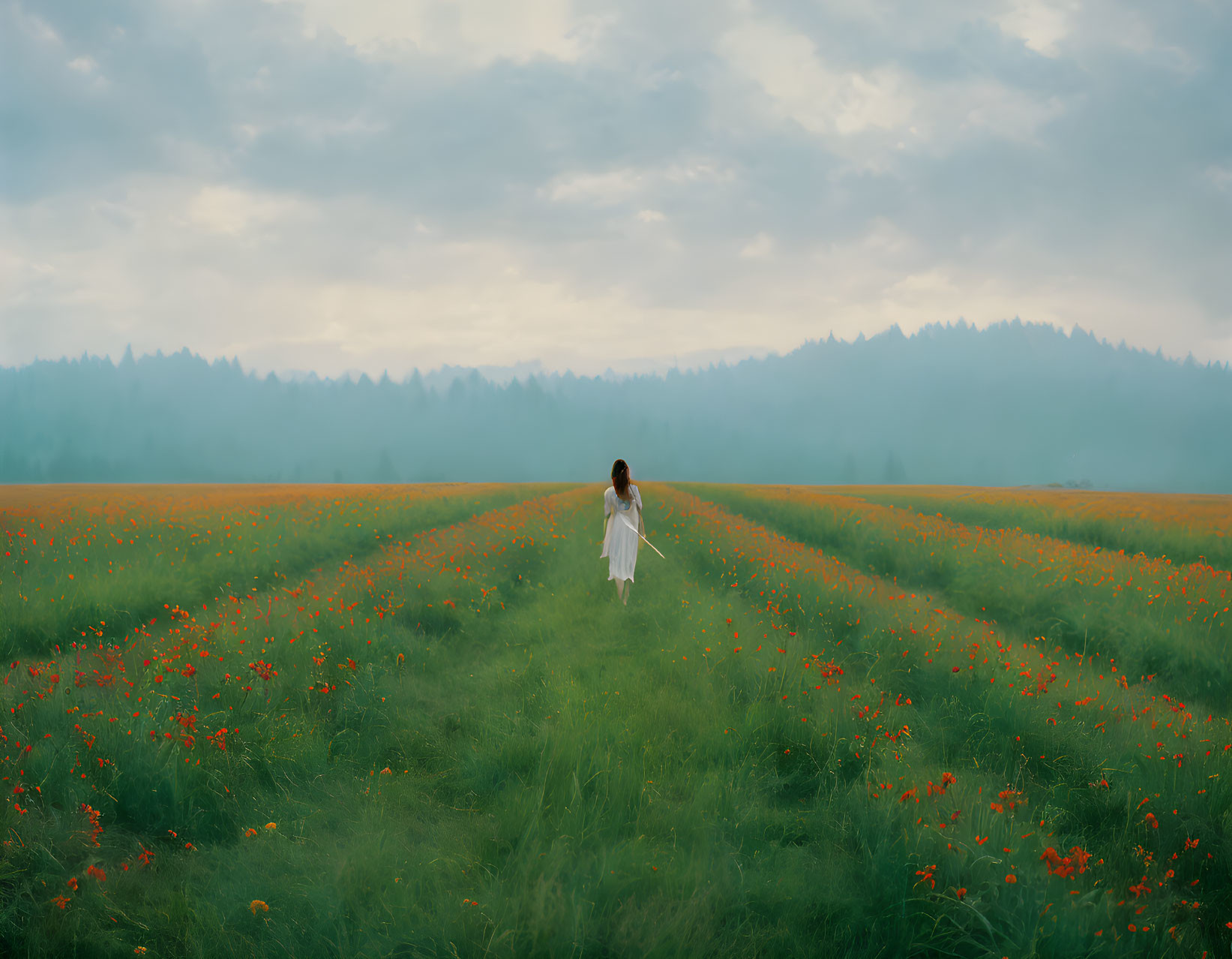 Woman in white dress strolling through serene field with misty forests in background