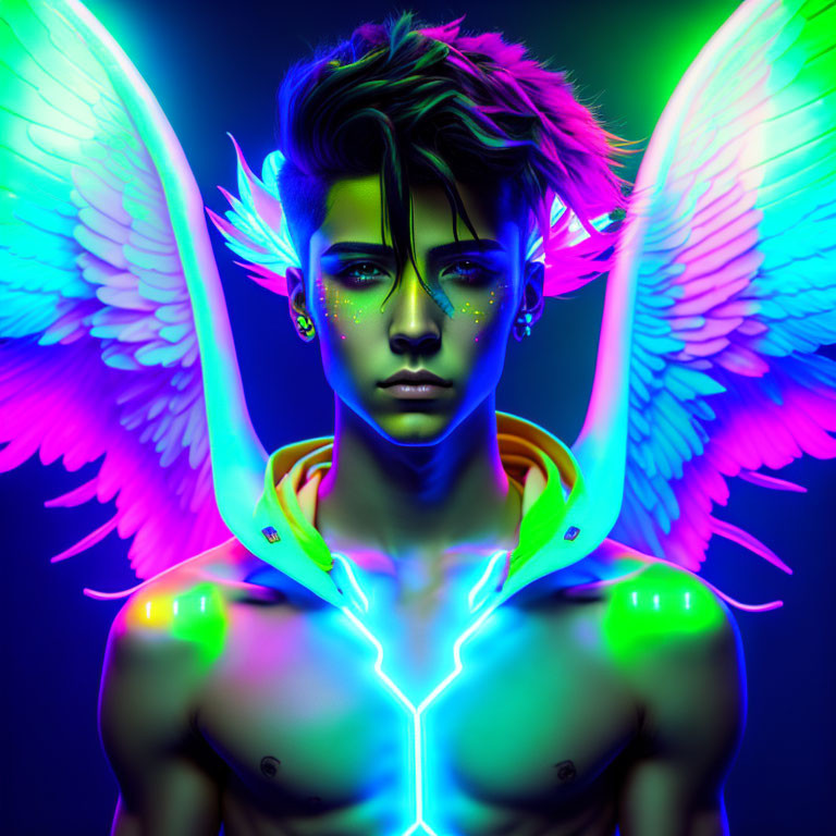 Digital artwork: Neon blue skin, glowing eyes, pink hair, luminous wings and horns.