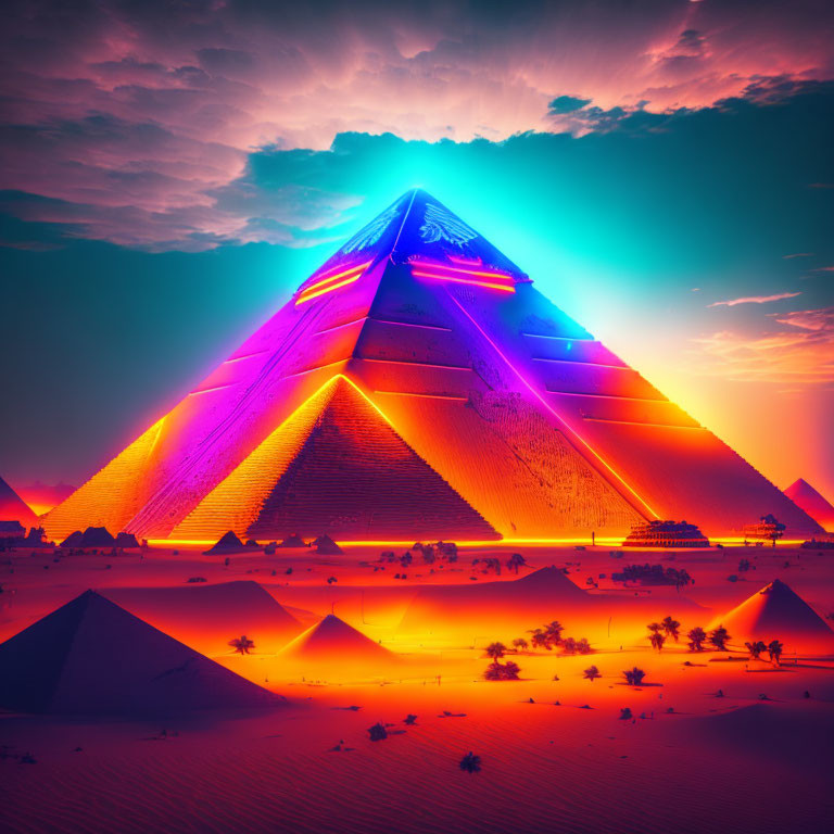 Colorful Neon-Lit Pyramid in Desert Landscape at Dusk
