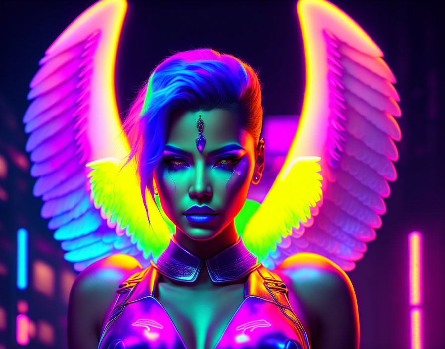Digital artwork: Woman with neon angel wings in futuristic attire, against neon cityscape.
