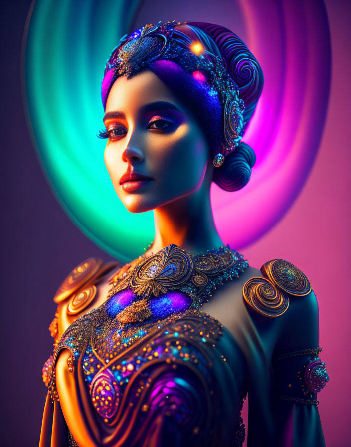 Colorful portrait of a woman in ornate attire with swirling backdrop
