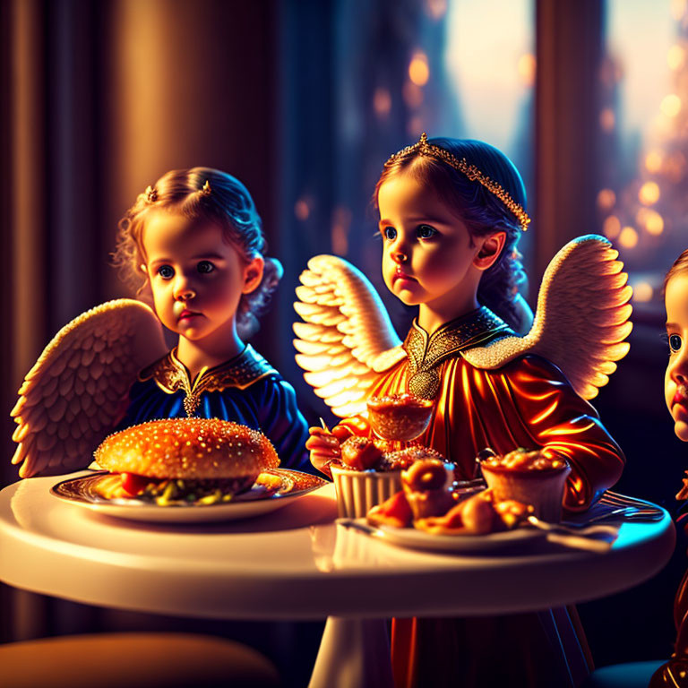 Children in angel costumes with food on table under warm light