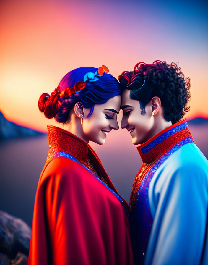 Animated characters in red and blue attire touching foreheads at sunset