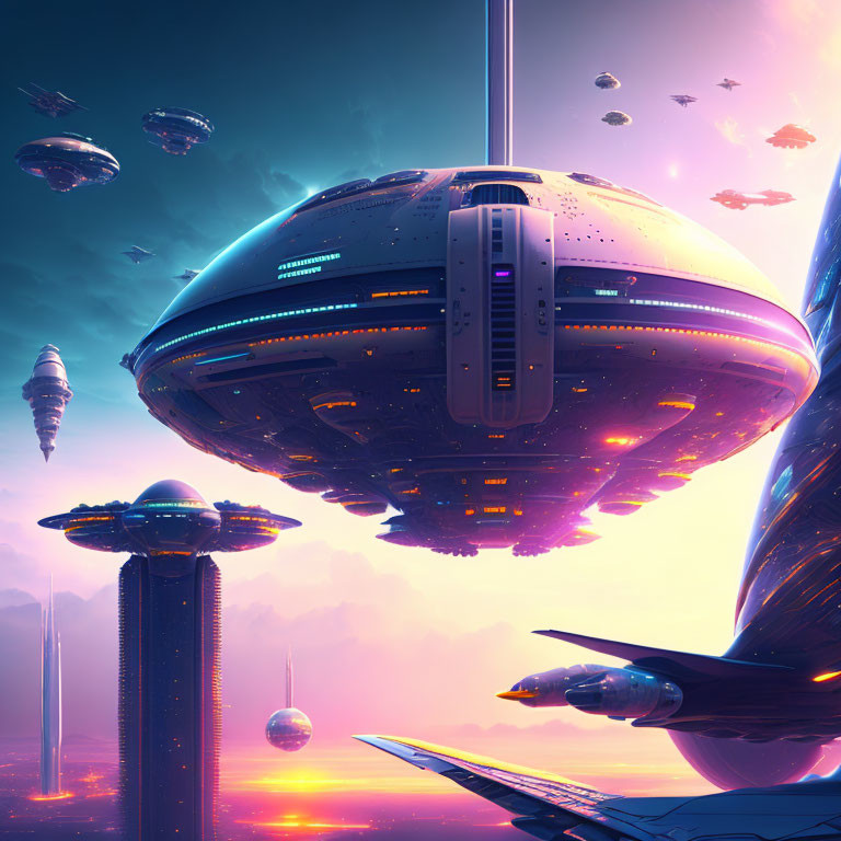 Futuristic cityscape with flying vehicles and towering structures under purple and orange sky