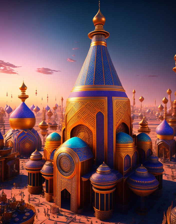 Intricate Middle Eastern-style cityscape at dusk