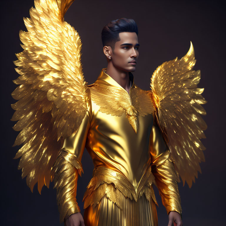 Man in Golden Costume with Feathered Wings on Dark Background
