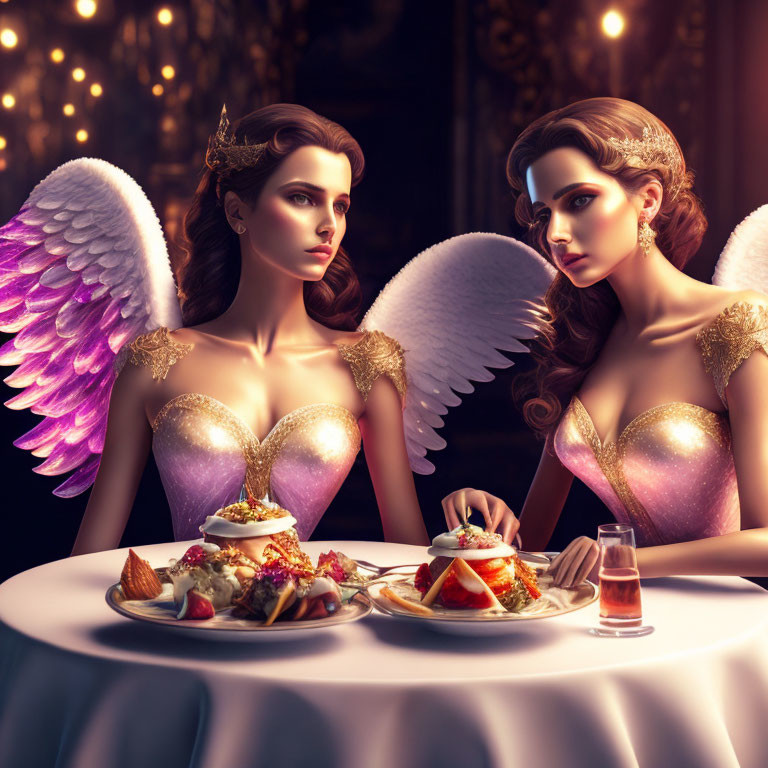 The three beautiful woman angels eating in restaur