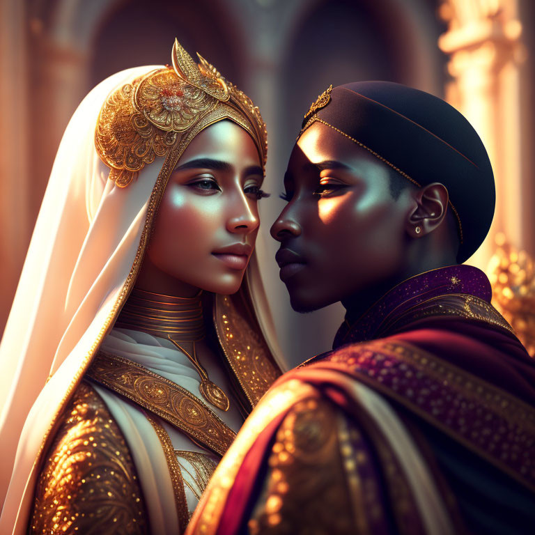 Traditional attire: Two individuals in ornate, intimate pose with detailed golden jewelry.