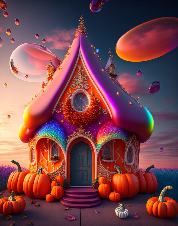 Colorful Cottage Surrounded by Pumpkins and Iridescent Bubbles